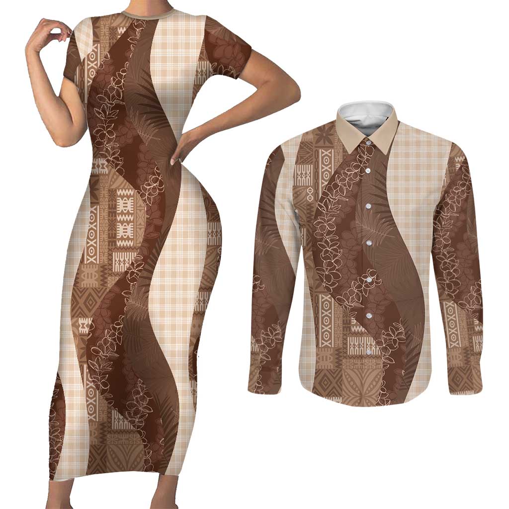 Polynesian Tribal Pattern Patchwork Picturesque Couples Matching Short Sleeve Bodycon Dress and Long Sleeve Button Shirt Mocha