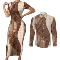 Polynesian Tribal Pattern Patchwork Picturesque Couples Matching Short Sleeve Bodycon Dress and Long Sleeve Button Shirt Mocha