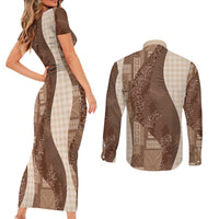 Polynesian Tribal Pattern Patchwork Picturesque Couples Matching Short Sleeve Bodycon Dress and Long Sleeve Button Shirt Mocha