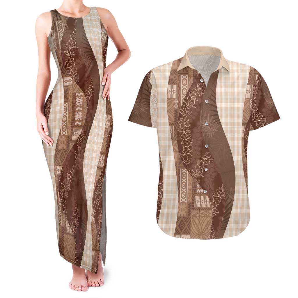 Polynesian Tribal Pattern Patchwork Picturesque Couples Matching Tank Maxi Dress and Hawaiian Shirt Mocha
