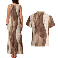 Polynesian Tribal Pattern Patchwork Picturesque Couples Matching Tank Maxi Dress and Hawaiian Shirt Mocha