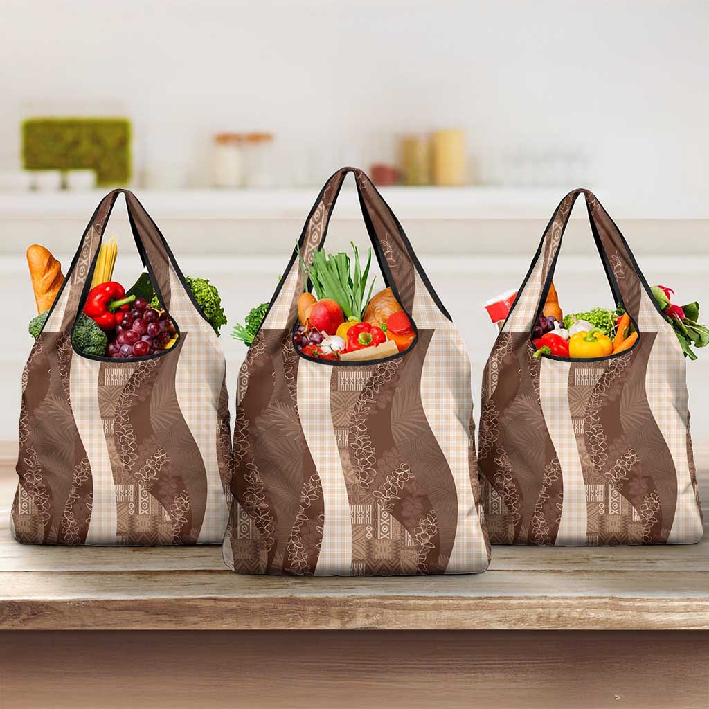 Polynesian Tribal Pattern Patchwork Picturesque Grocery Bag Mocha