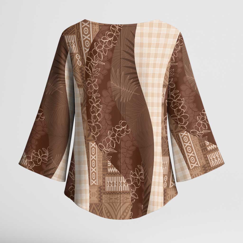 Polynesian Tribal Pattern Patchwork Picturesque Kimono Sleeve Blouse Mocha LT7 - Polynesian Pride
