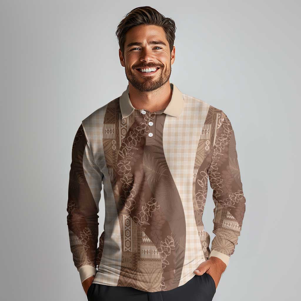 Polynesian Tribal Pattern Patchwork Picturesque Long Sleeve Polo Shirt Mocha