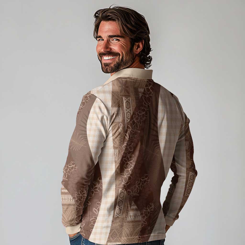Polynesian Tribal Pattern Patchwork Picturesque Long Sleeve Polo Shirt Mocha