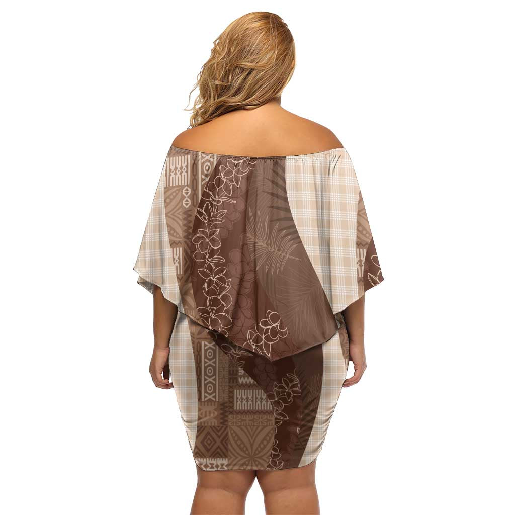 Polynesian Tribal Pattern Patchwork Picturesque Off Shoulder Short Dress Mocha