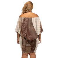 Polynesian Tribal Pattern Patchwork Picturesque Off Shoulder Short Dress Mocha