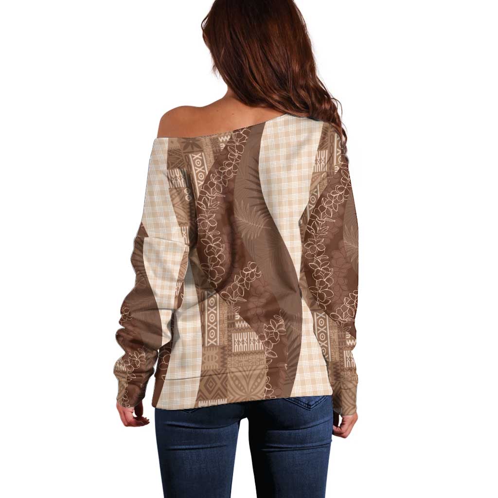 Polynesian Tribal Pattern Patchwork Picturesque Off Shoulder Sweater Mocha LT7 - Polynesian Pride