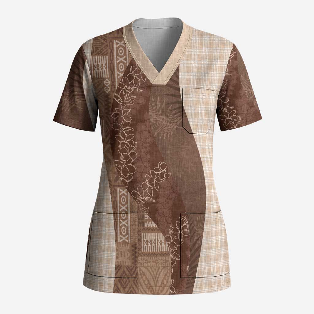 Polynesian Tribal Pattern Patchwork Picturesque Scrub Top Mocha