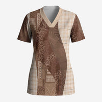 Polynesian Tribal Pattern Patchwork Picturesque Scrub Top Mocha