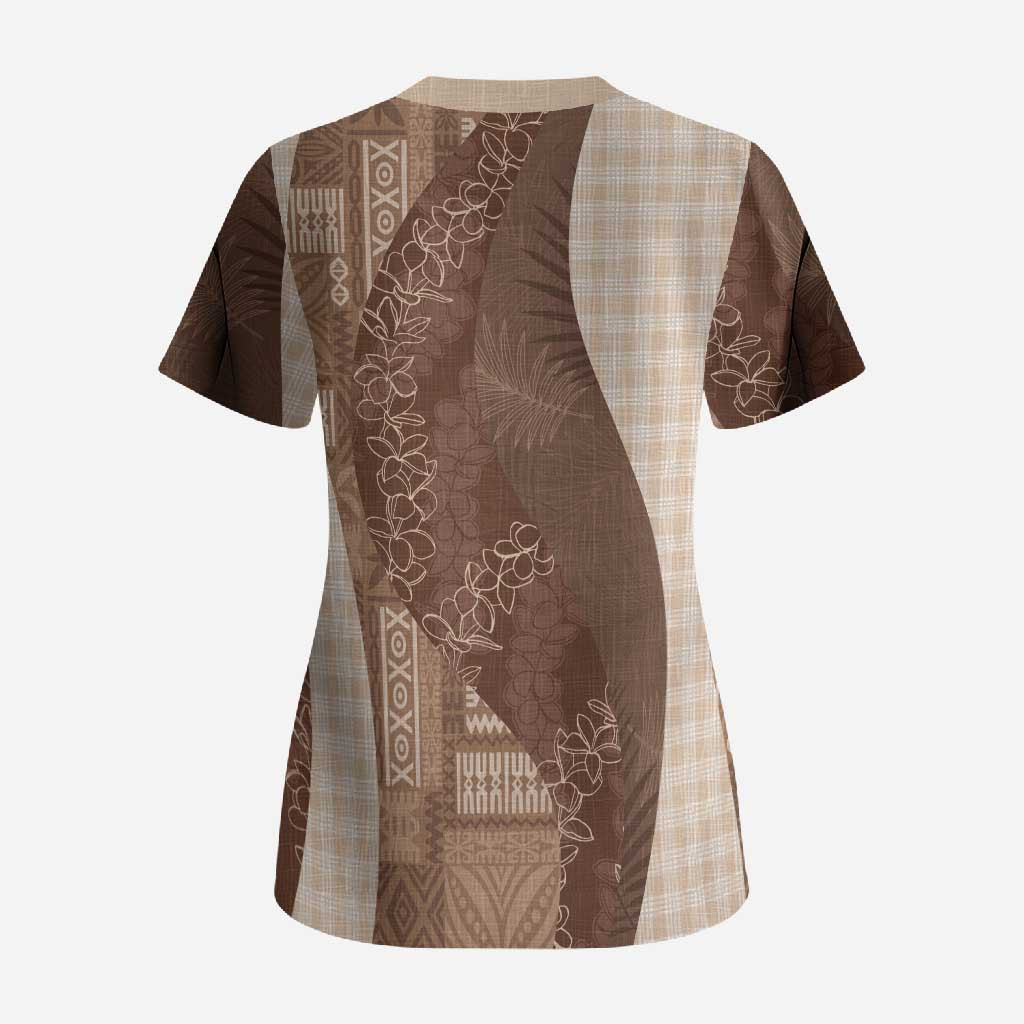 Polynesian Tribal Pattern Patchwork Picturesque Scrub Top Mocha