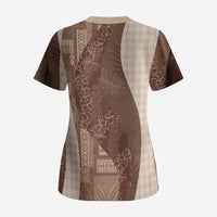 Polynesian Tribal Pattern Patchwork Picturesque Scrub Top Mocha