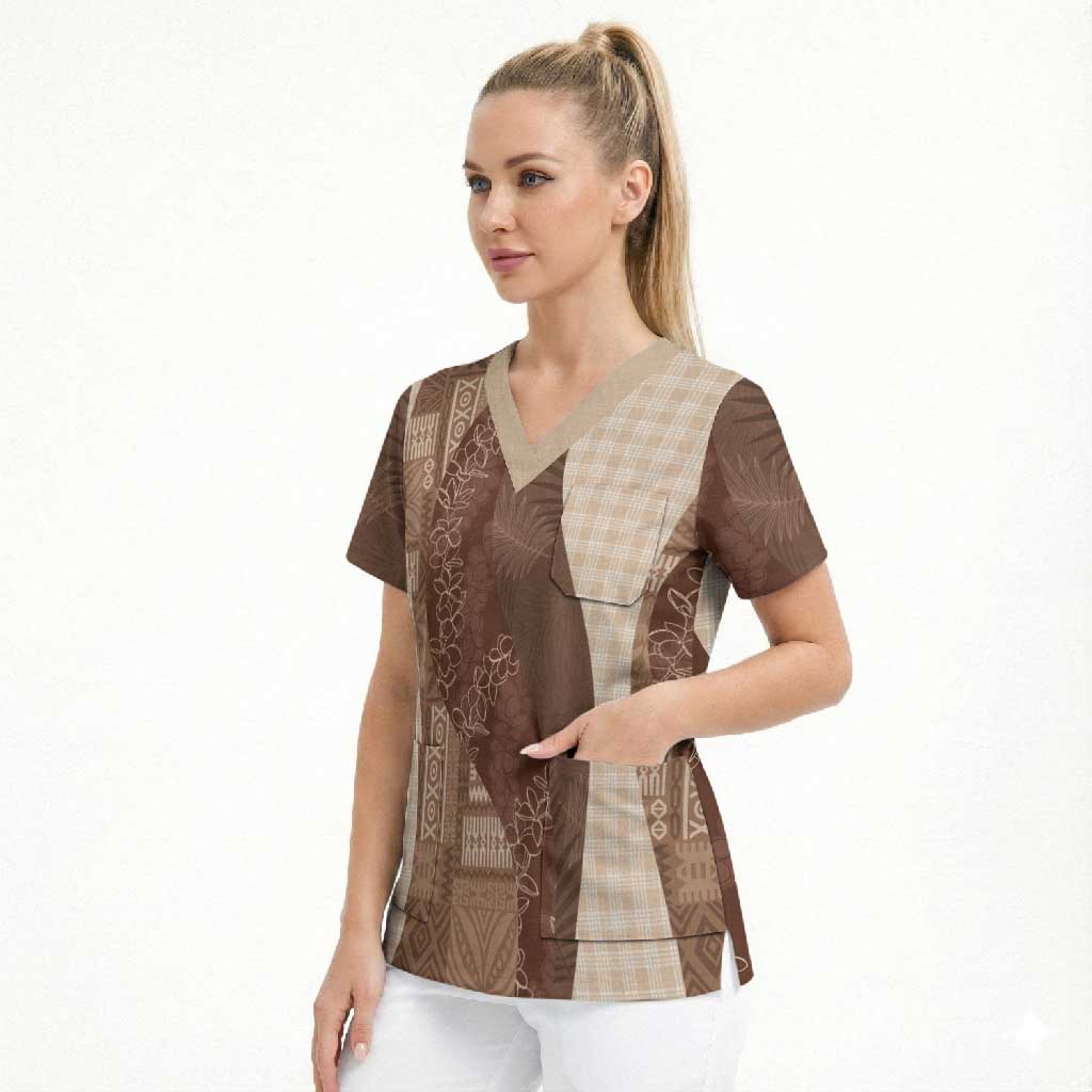 Polynesian Tribal Pattern Patchwork Picturesque Scrub Top Mocha