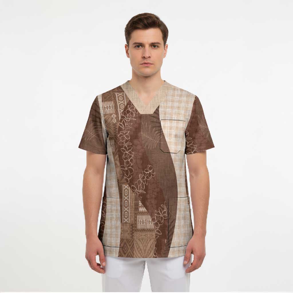 Polynesian Tribal Pattern Patchwork Picturesque Scrub Top Mocha