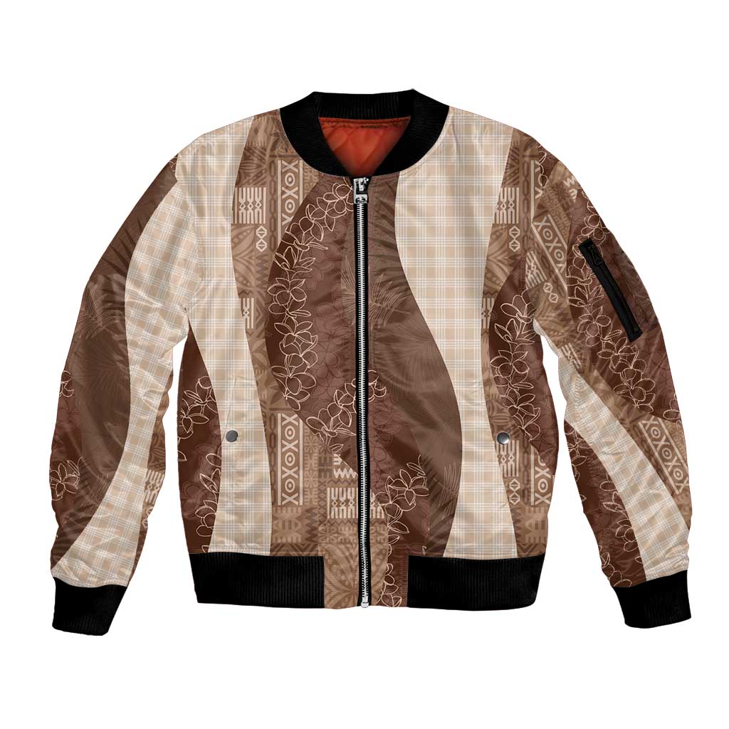 Polynesian Tribal Pattern Patchwork Picturesque Sleeve Zip Bomber Jacket Mocha