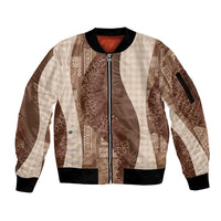 Polynesian Tribal Pattern Patchwork Picturesque Sleeve Zip Bomber Jacket Mocha