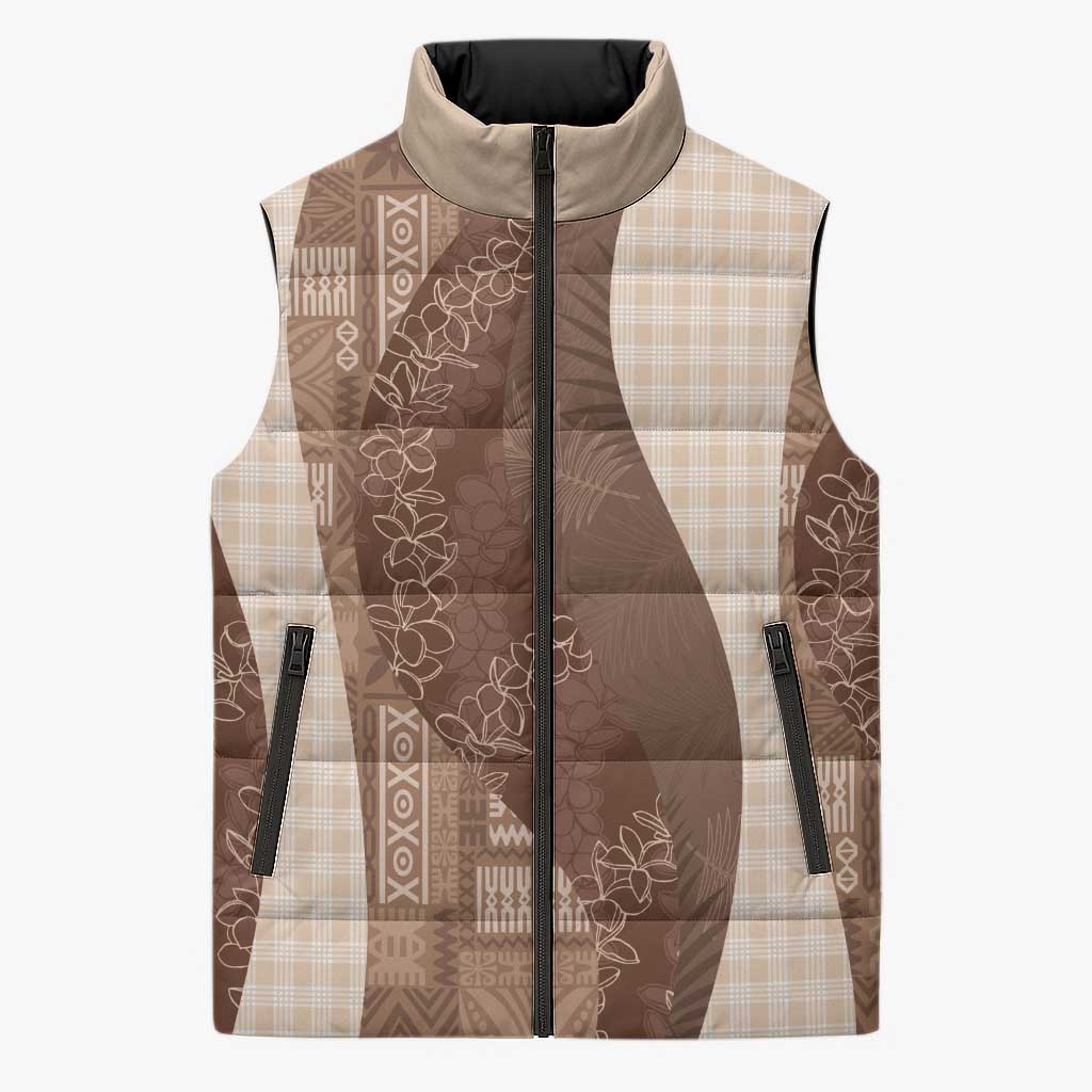 Polynesian Tribal Pattern Patchwork Picturesque Sleeveless Puffer Jacket Mocha