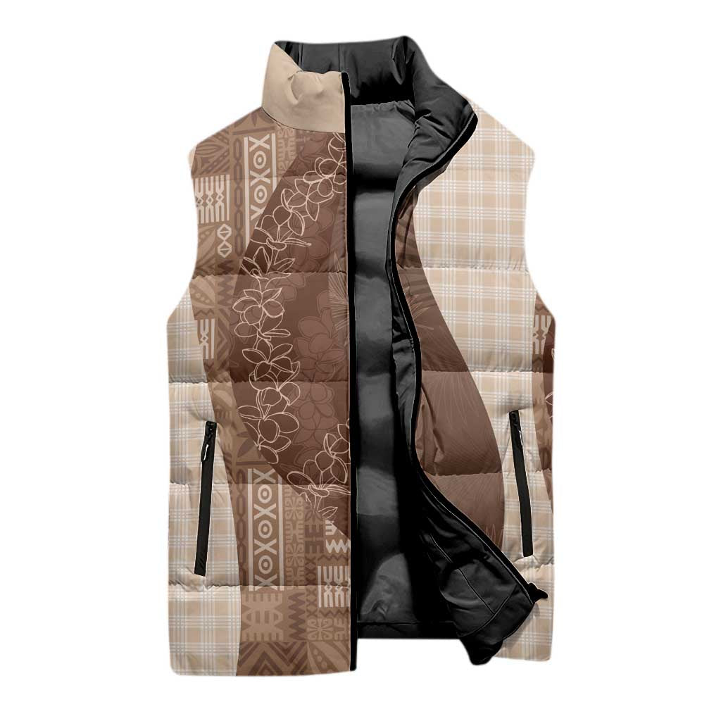 Polynesian Tribal Pattern Patchwork Picturesque Sleeveless Puffer Jacket Mocha
