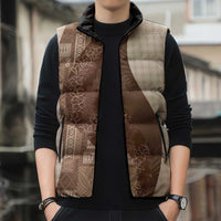 Polynesian Tribal Pattern Patchwork Picturesque Sleeveless Puffer Jacket Mocha