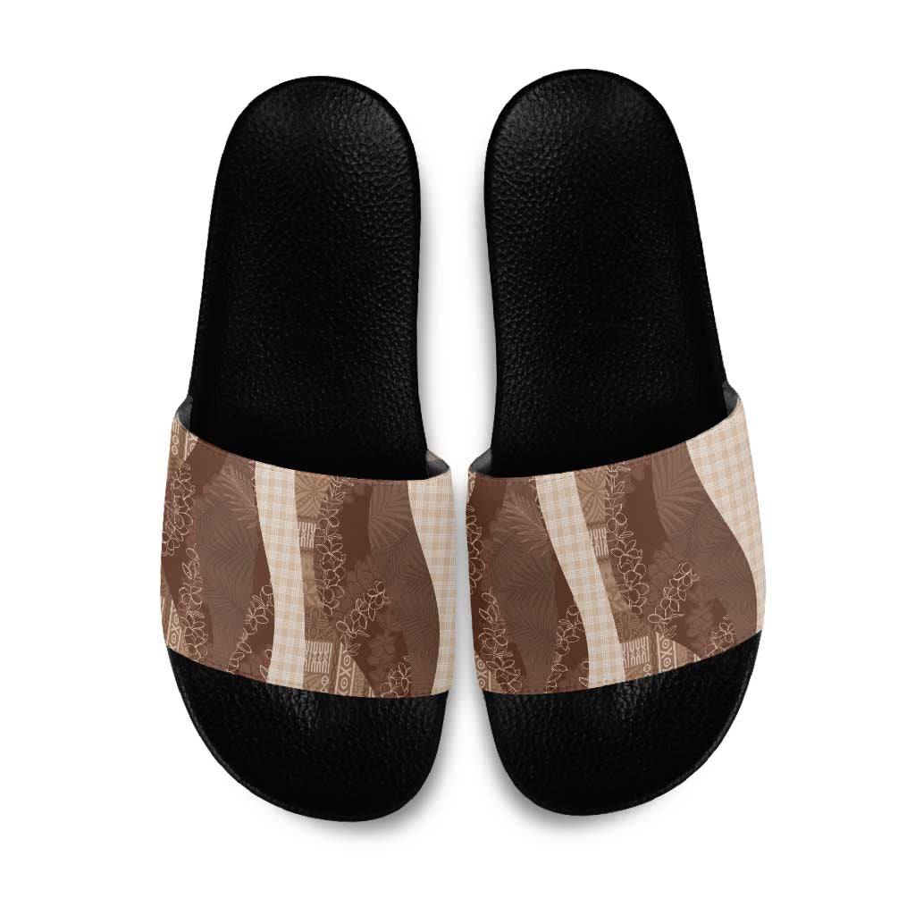 Polynesian Tribal Pattern Patchwork Picturesque Slide Sandals Mocha