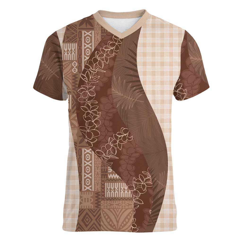 Polynesian Tribal Pattern Patchwork Picturesque Women V-Neck T-Shirt Mocha