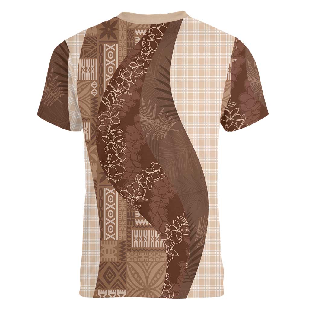 Polynesian Tribal Pattern Patchwork Picturesque Women V-Neck T-Shirt Mocha