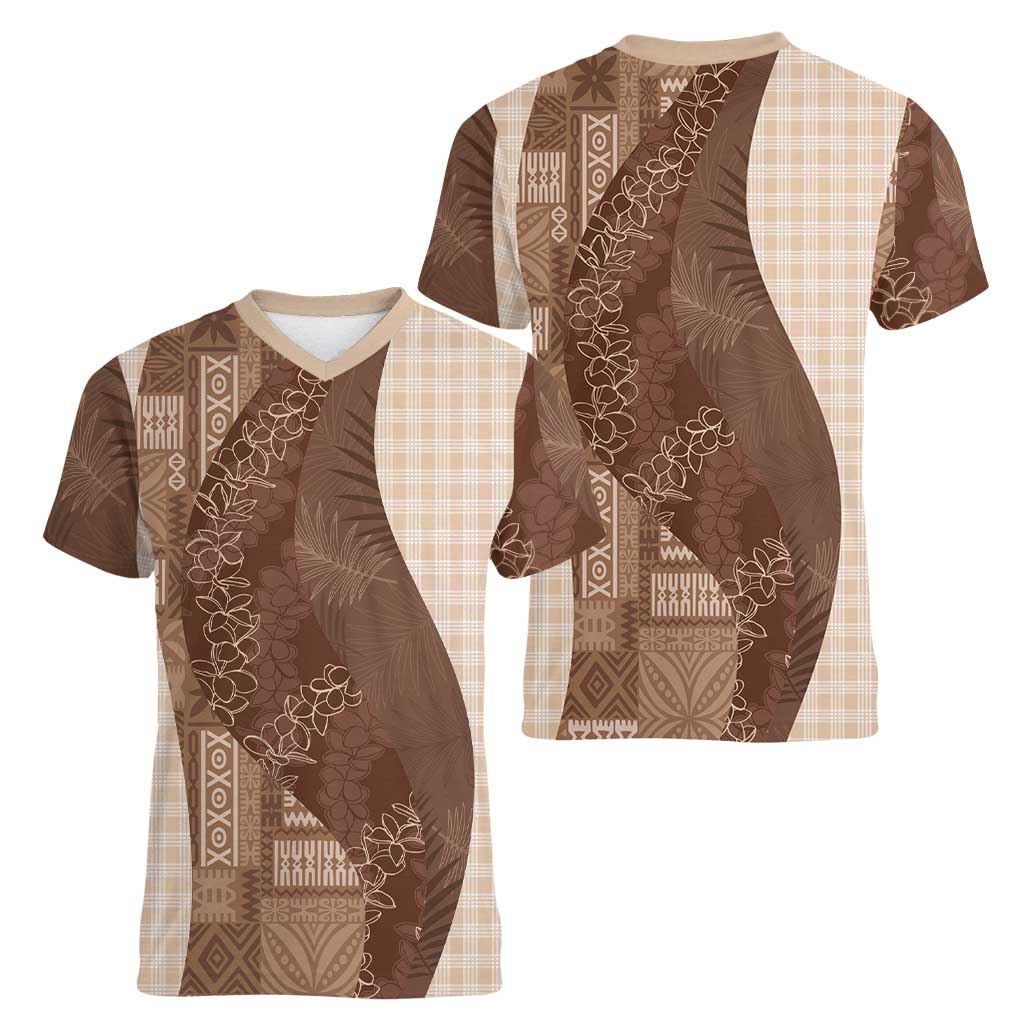 Polynesian Tribal Pattern Patchwork Picturesque Women V-Neck T-Shirt Mocha