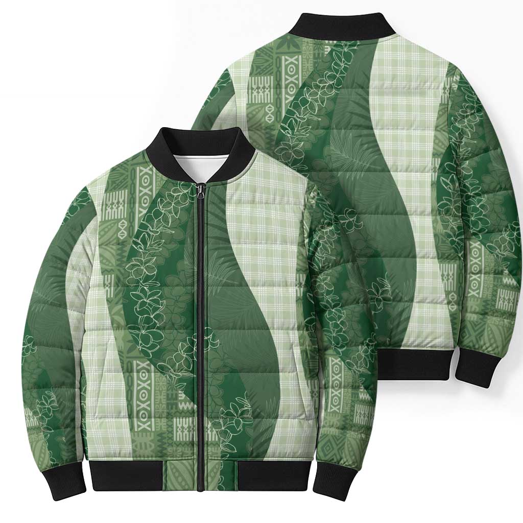 Polynesian Tribal Pattern Patchwork Picturesque Bomber Puffer Jacket Sage Green