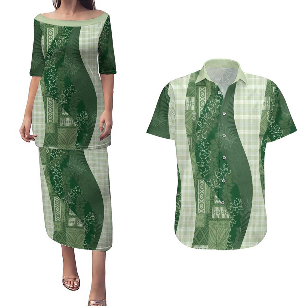 Polynesian Tribal Pattern Patchwork Picturesque Couples Matching Puletasi and Hawaiian Shirt Sage Green