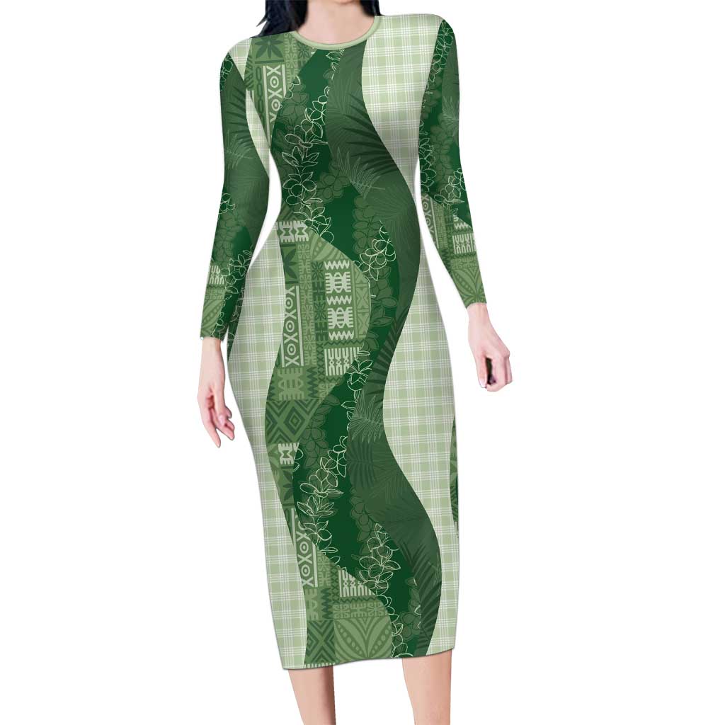 Polynesian Tribal Pattern Patchwork Picturesque Family Matching Long Sleeve Bodycon Dress and Hawaiian Shirt Sage Green