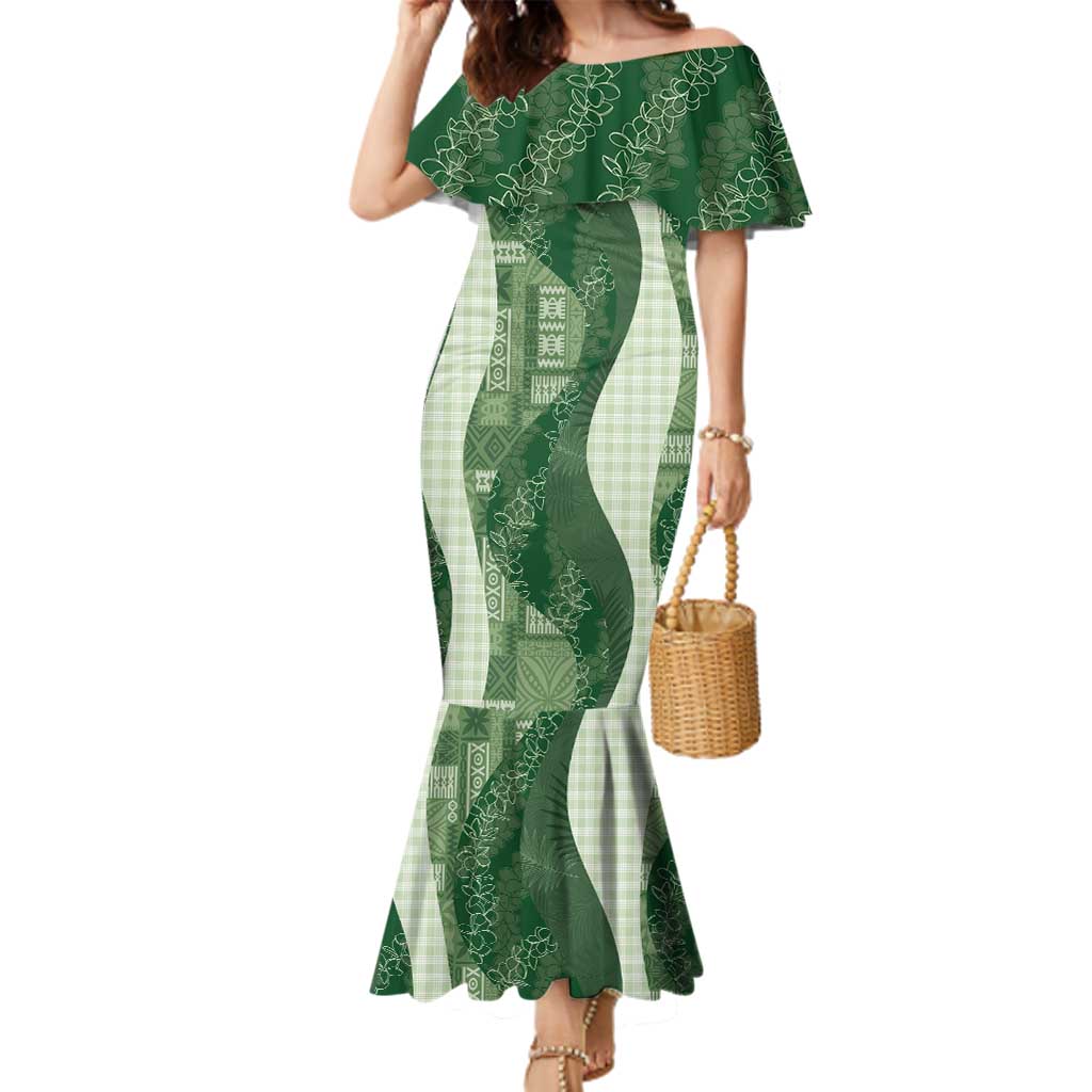 Polynesian Tribal Pattern Patchwork Picturesque Family Matching Mermaid Dress and Hawaiian Shirt Sage Green LT7 Mom's Dress Sage Green - Polynesian Pride