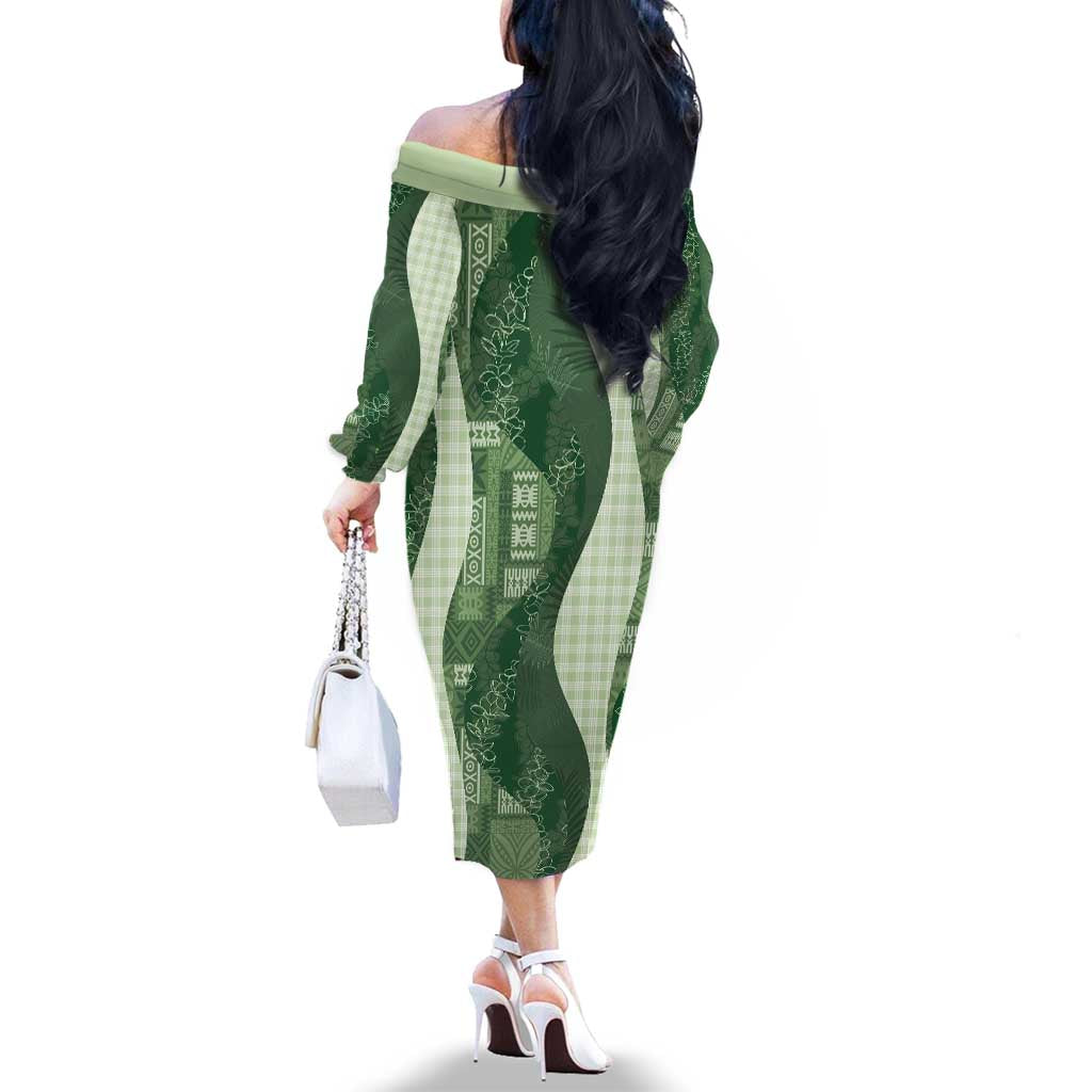 Polynesian Tribal Pattern Patchwork Picturesque Family Matching Off The Shoulder Long Sleeve Dress and Hawaiian Shirt Sage Green LT7 - Polynesian Pride