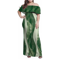 Polynesian Tribal Pattern Patchwork Picturesque Family Matching Off Shoulder Maxi Dress and Hawaiian Shirt Sage Green