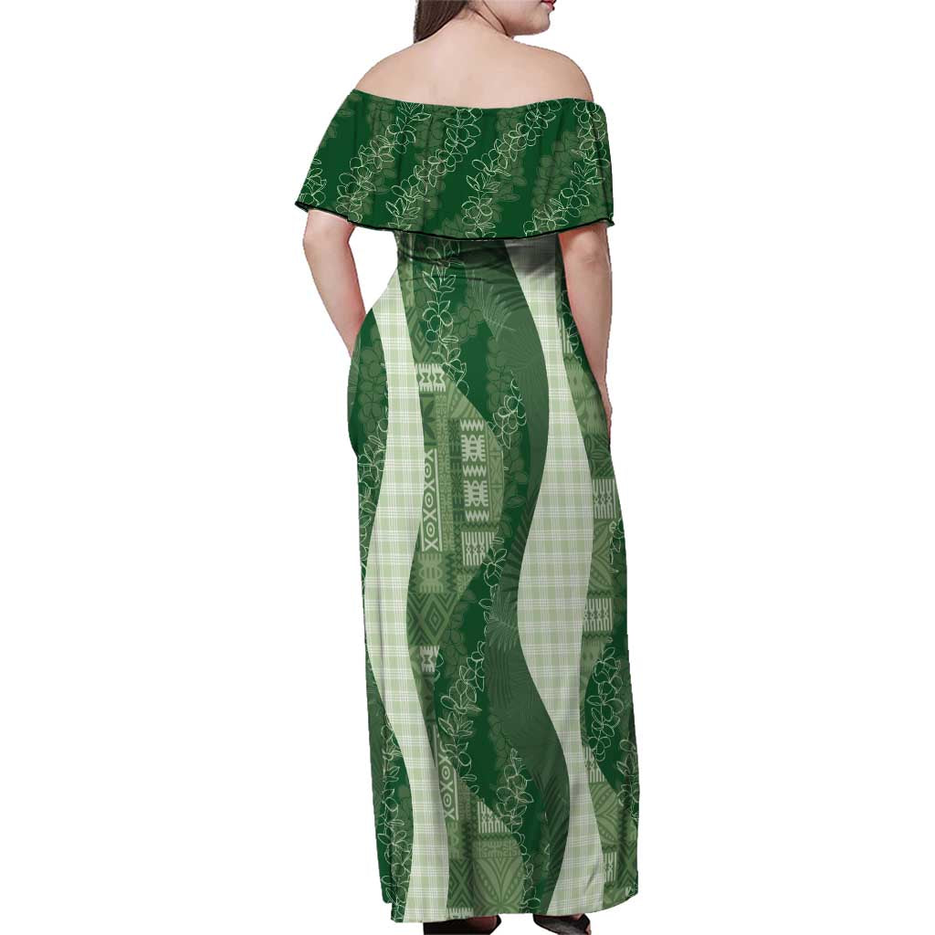 Polynesian Tribal Pattern Patchwork Picturesque Family Matching Off Shoulder Maxi Dress and Hawaiian Shirt Sage Green