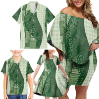 Polynesian Tribal Pattern Patchwork Picturesque Family Matching Off Shoulder Short Dress and Hawaiian Shirt Sage Green