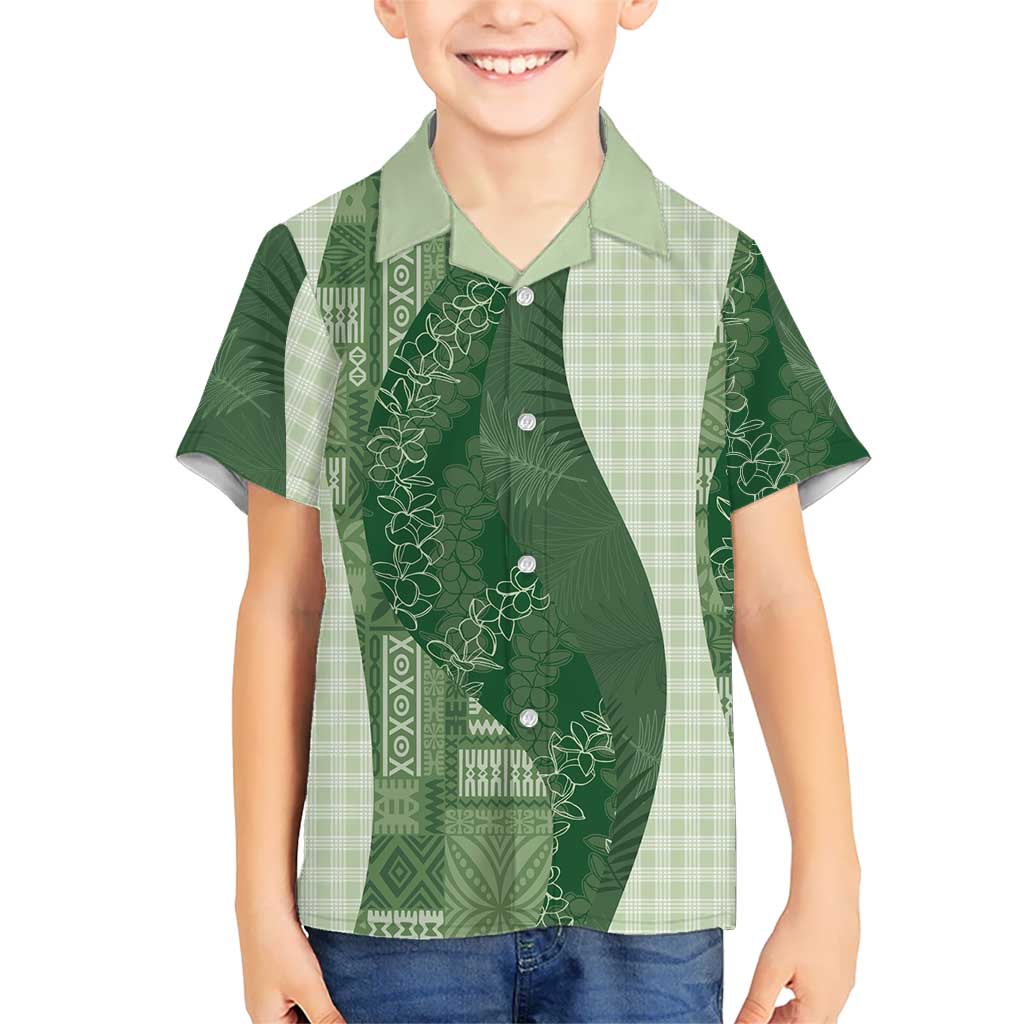 Polynesian Tribal Pattern Patchwork Picturesque Family Matching Off Shoulder Short Dress and Hawaiian Shirt Sage Green