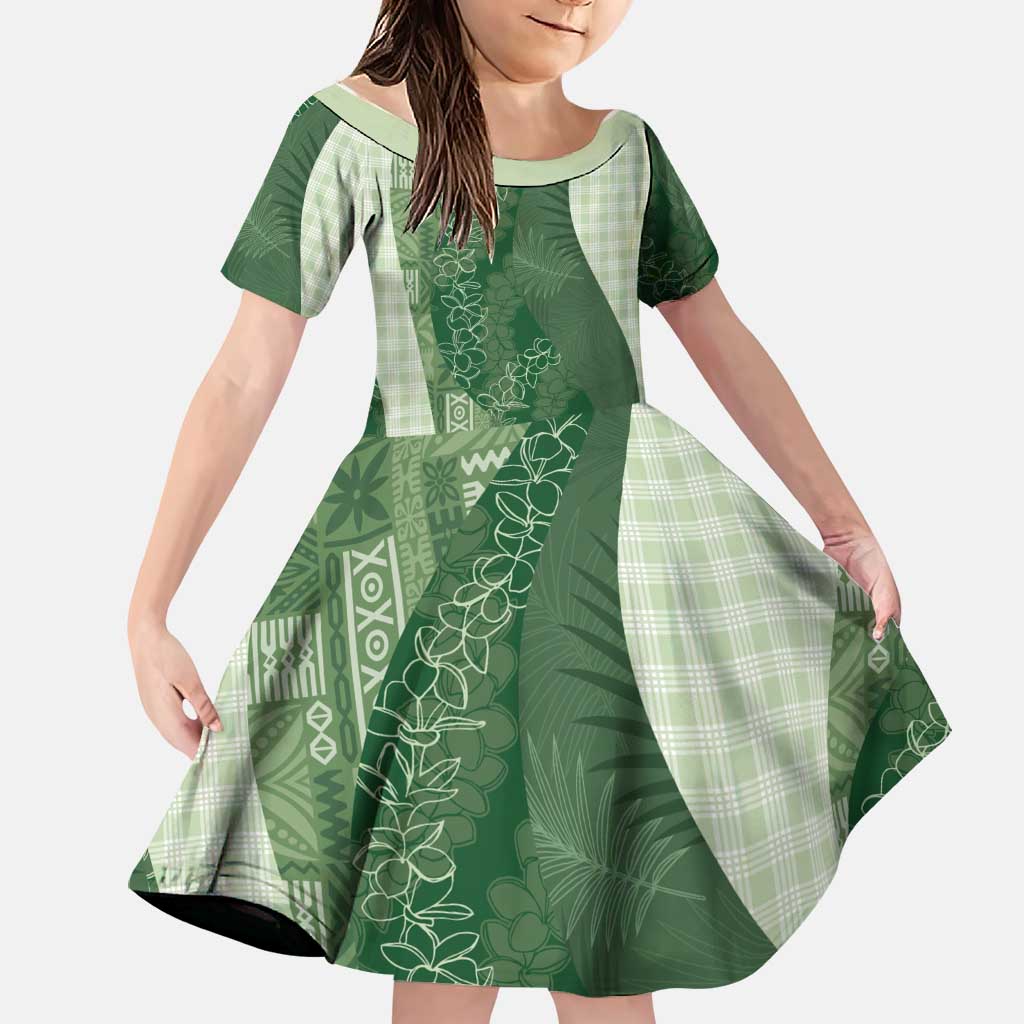 Polynesian Tribal Pattern Patchwork Picturesque Family Matching Short Sleeve Bodycon Dress and Hawaiian Shirt Sage Green