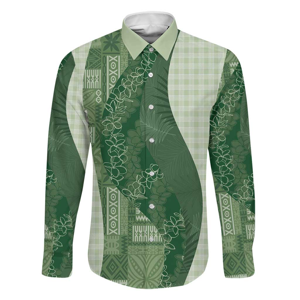 Polynesian Tribal Pattern Patchwork Picturesque Family Matching Short Sleeve Bodycon Dress and Hawaiian Shirt Sage Green