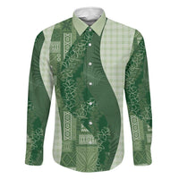 Polynesian Tribal Pattern Patchwork Picturesque Family Matching Short Sleeve Bodycon Dress and Hawaiian Shirt Sage Green