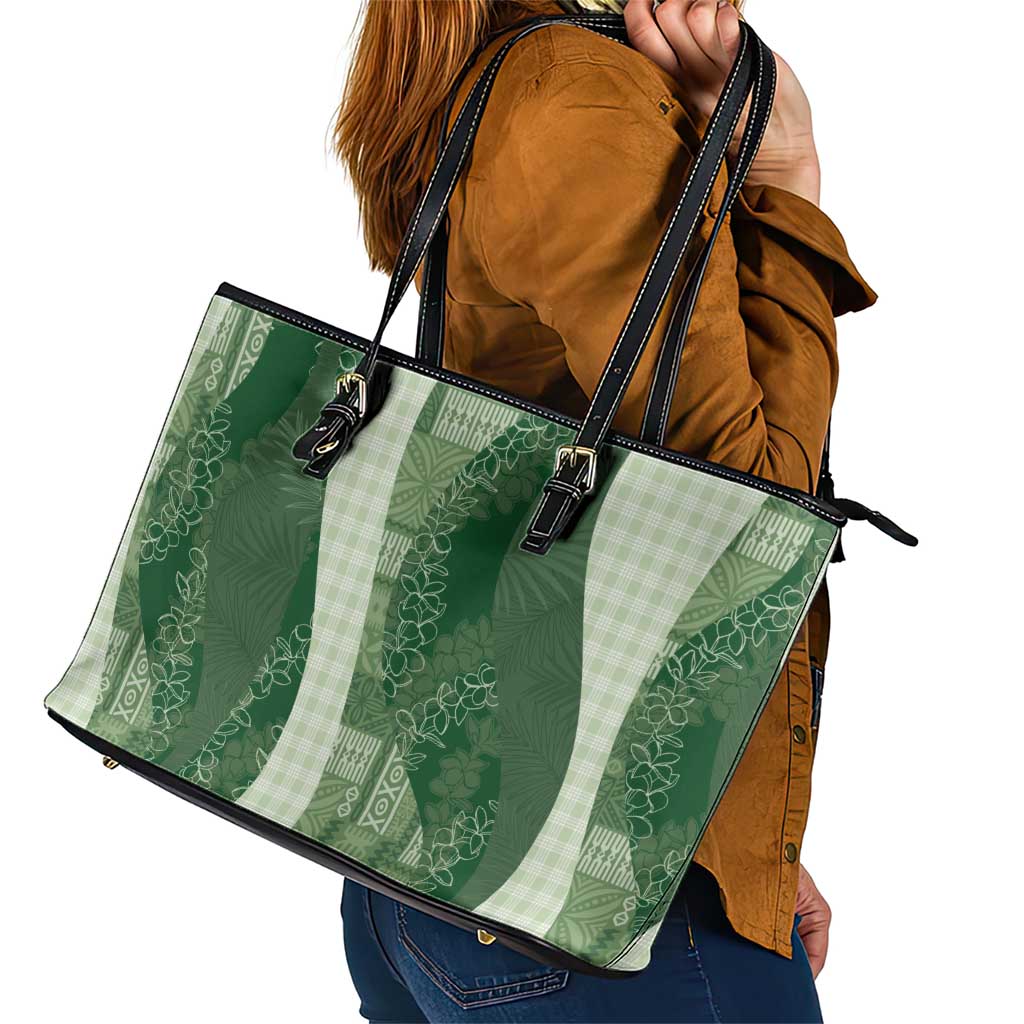 Polynesian Tribal Pattern Patchwork Picturesque Leather Tote Bag Sage Green