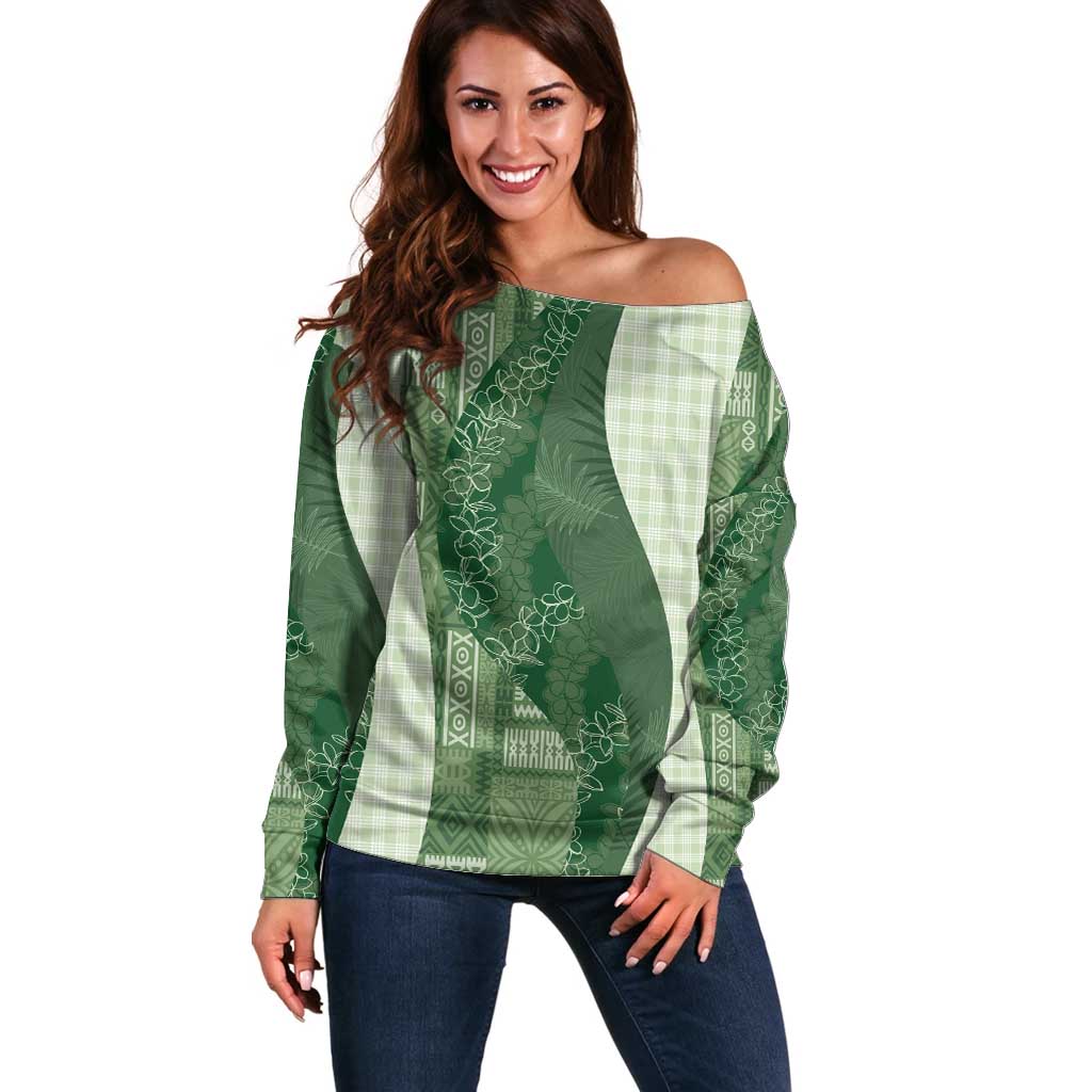 Polynesian Tribal Pattern Patchwork Picturesque Off Shoulder Sweater Sage Green