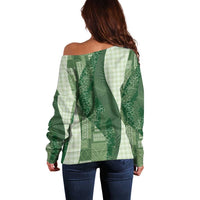 Polynesian Tribal Pattern Patchwork Picturesque Off Shoulder Sweater Sage Green