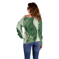 Polynesian Tribal Pattern Patchwork Picturesque Off Shoulder Sweater Sage Green