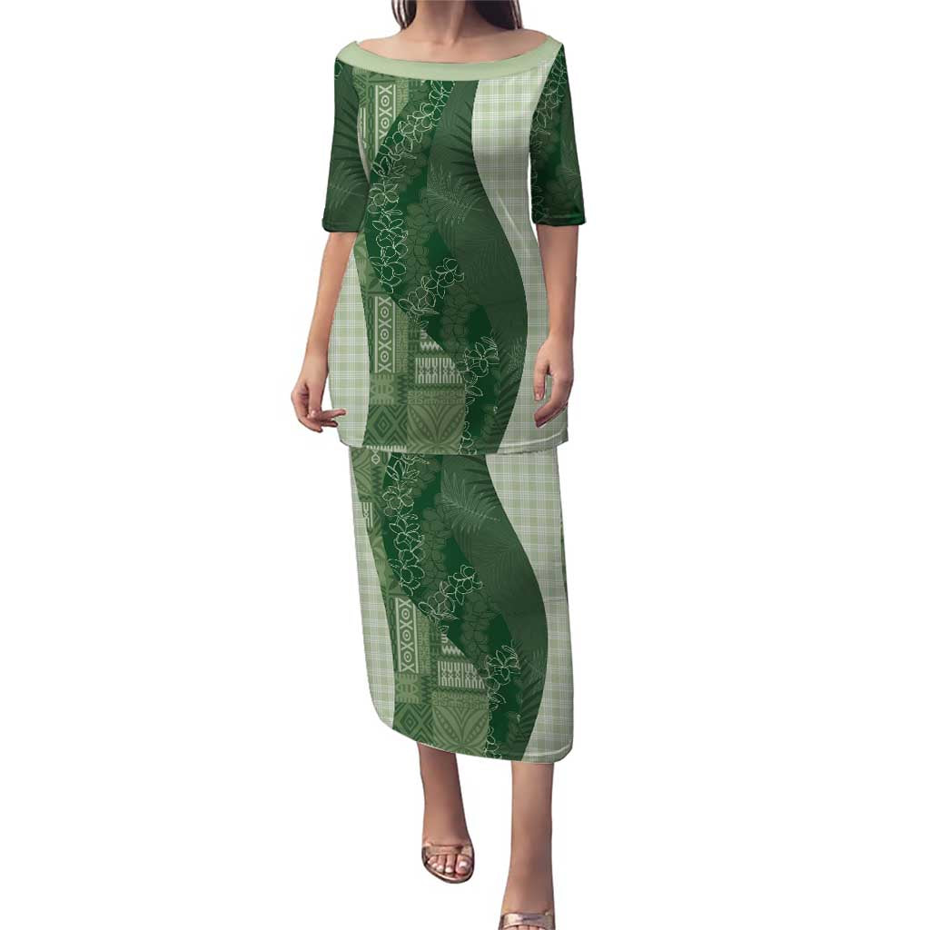 Polynesian Tribal Pattern Patchwork Picturesque Puletasi Sage Green LT7 Long Dress Sage Green - Polynesian Pride