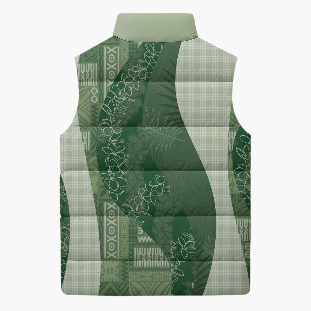 Polynesian Tribal Pattern Patchwork Picturesque Sleeveless Puffer Jacket Sage Green