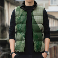 Polynesian Tribal Pattern Patchwork Picturesque Sleeveless Puffer Jacket Sage Green