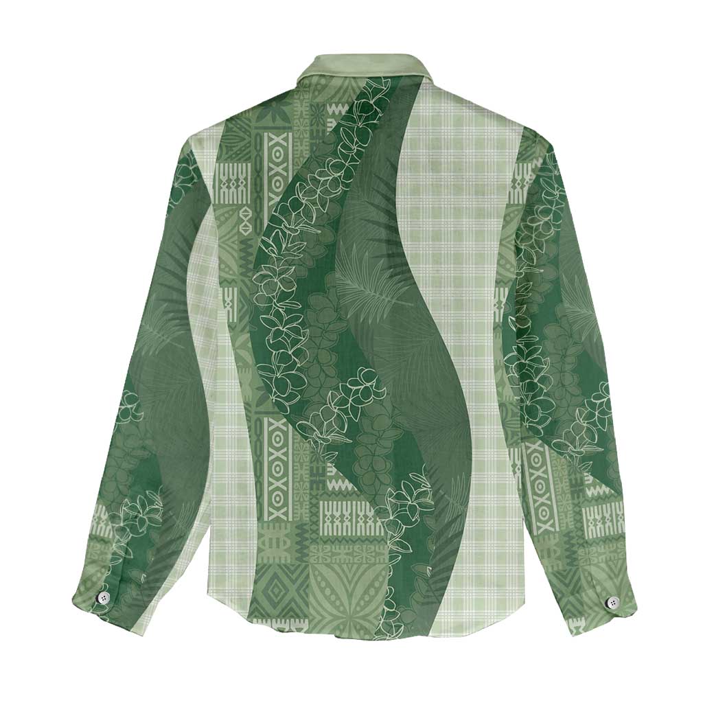 Polynesian Tribal Pattern Patchwork Picturesque Women Casual Shirt Sage Green
