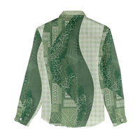 Polynesian Tribal Pattern Patchwork Picturesque Women Casual Shirt Sage Green