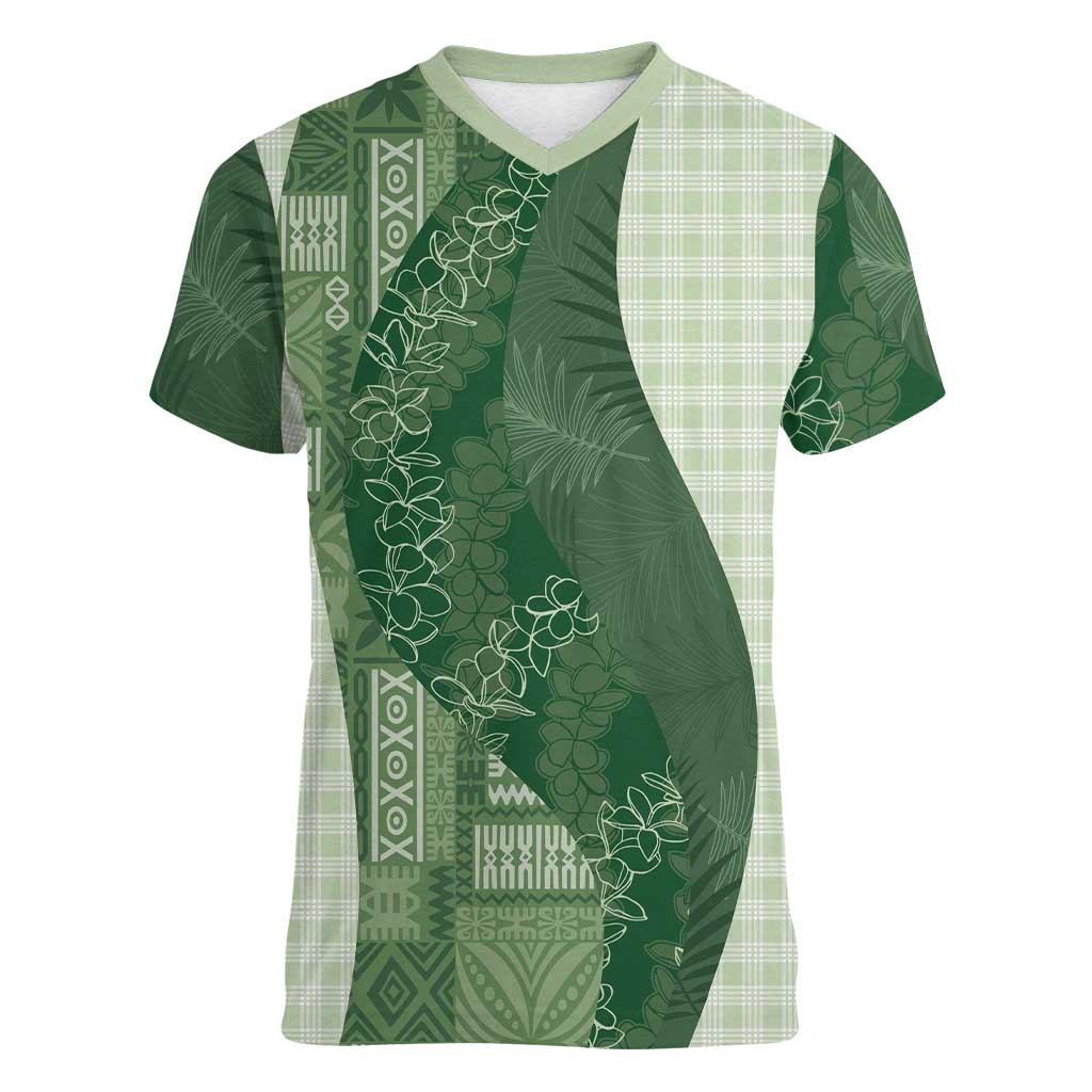 Polynesian Tribal Pattern Patchwork Picturesque Women V-Neck T-Shirt Sage Green