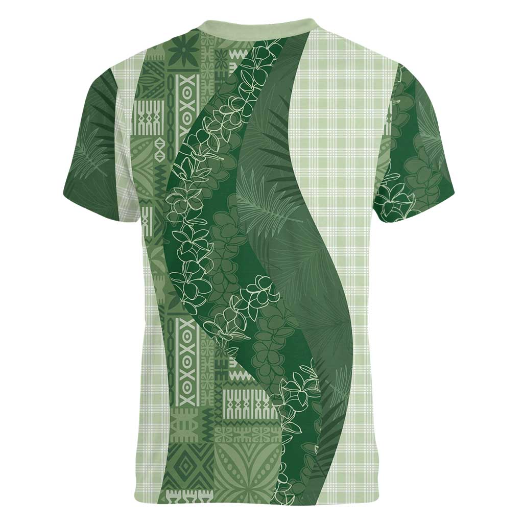 Polynesian Tribal Pattern Patchwork Picturesque Women V-Neck T-Shirt Sage Green LT7 - Polynesian Pride